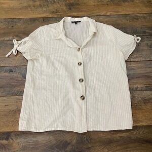 Velvet Heart Striped Linen Blend Tie Sleeve Button Down Top Cream Small Coastal